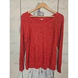 Eileen Fisher Organic Linen Cotton Marled Knit Scoop Neck Sweater Orange Red LG